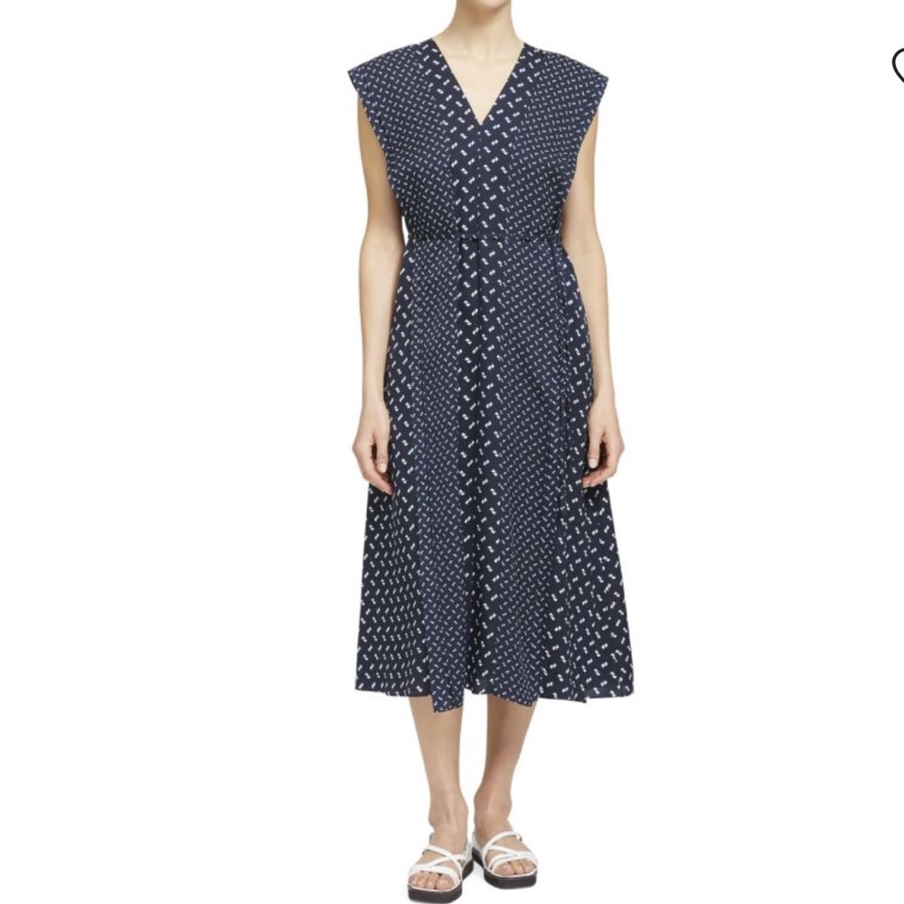 THEORY V-Neck Ruffle Midi Silk Dress Geometric Print Midi Size Large